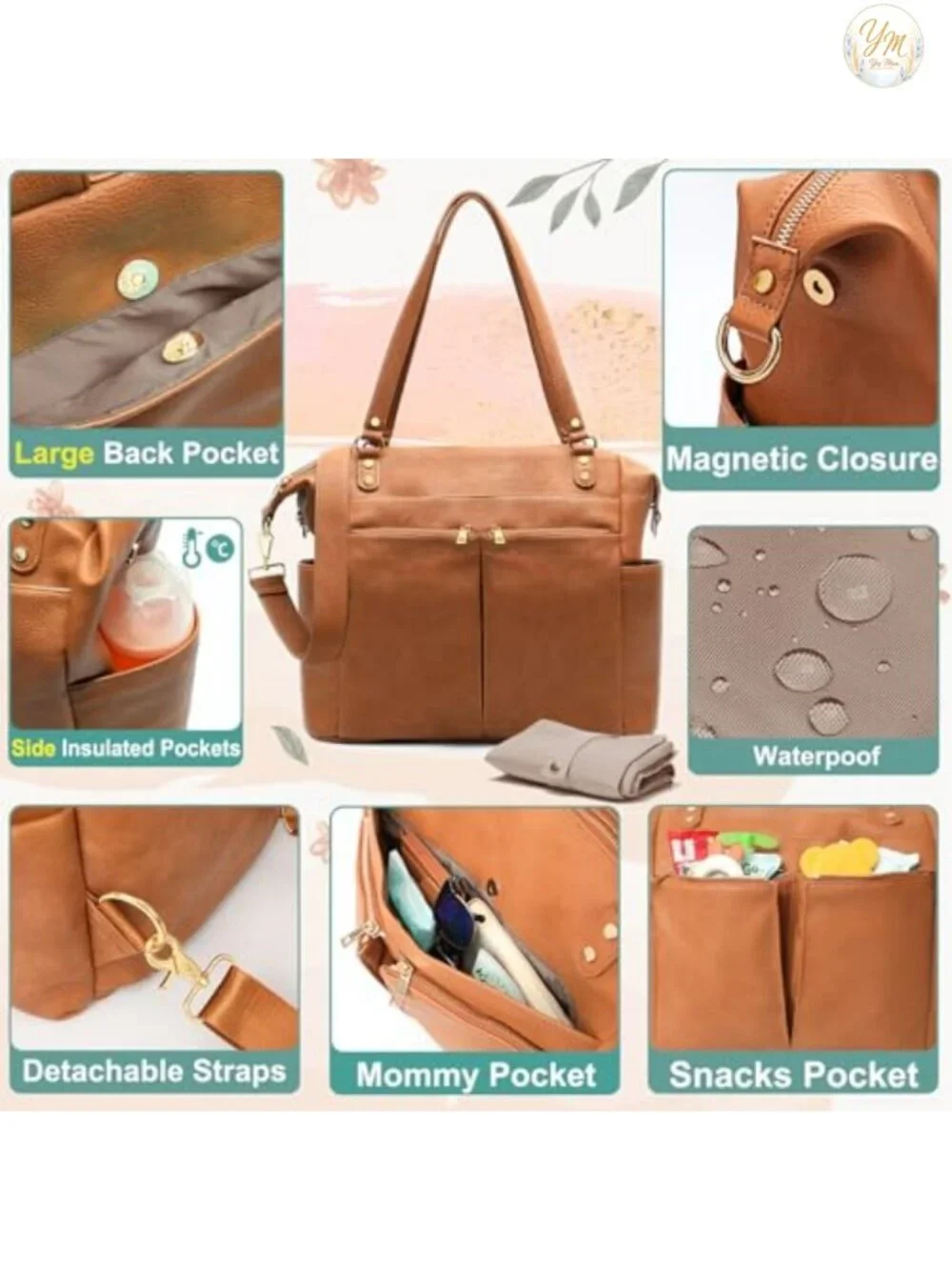 Convertible Diaper Bag Backpack Tote Vegan Leather Waterproof Nylon 13 Pockets
